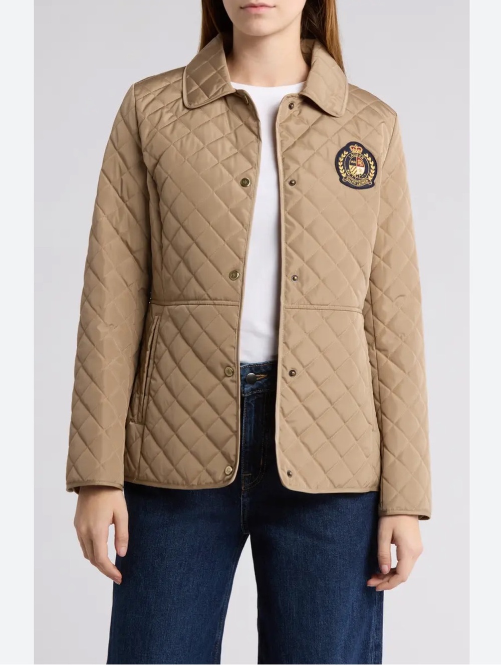 Lauren Ralph Lauren Classic Quilted Snap Front Crest Jacket Beige 3X Plus Size